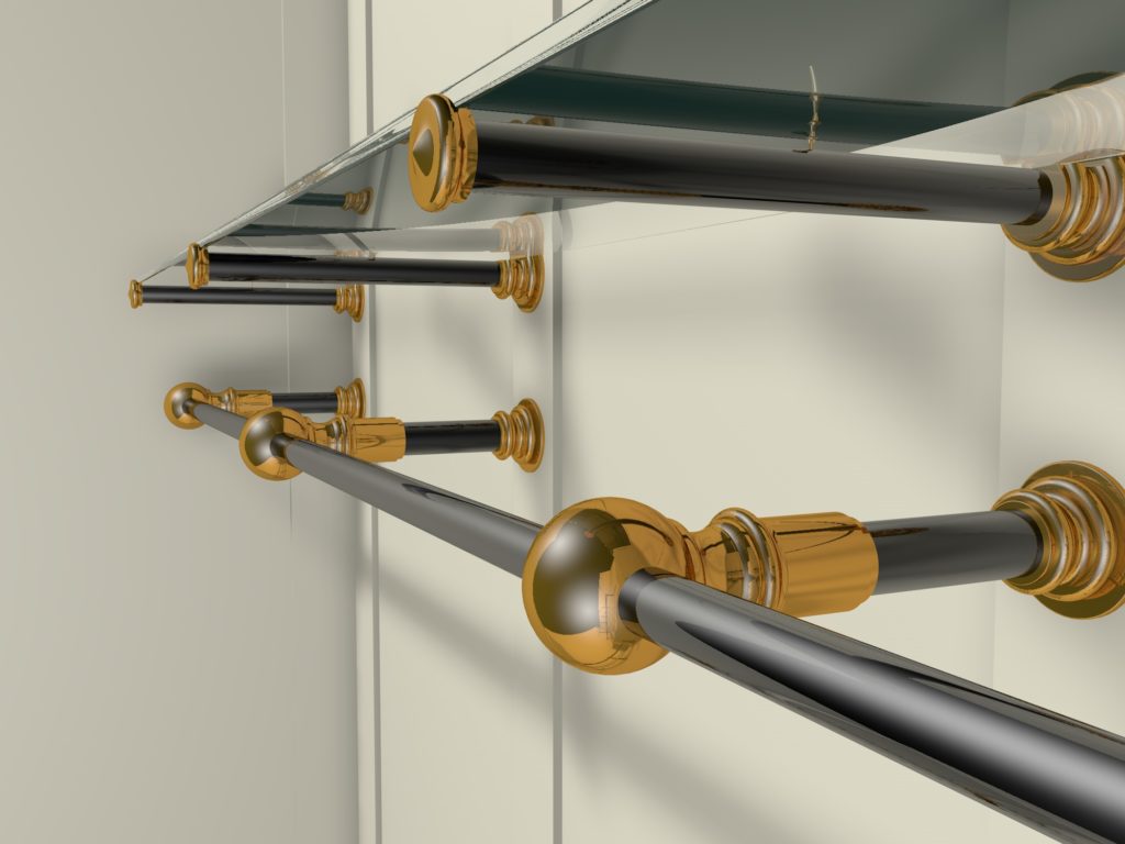 Close-up view of several black metal rods with brass brackets and fittings, mounted on a beige wall beneath glass shelves—a stylish detail in a bespoke dressing room. The low angle highlights the sleek, shiny metallic elements.