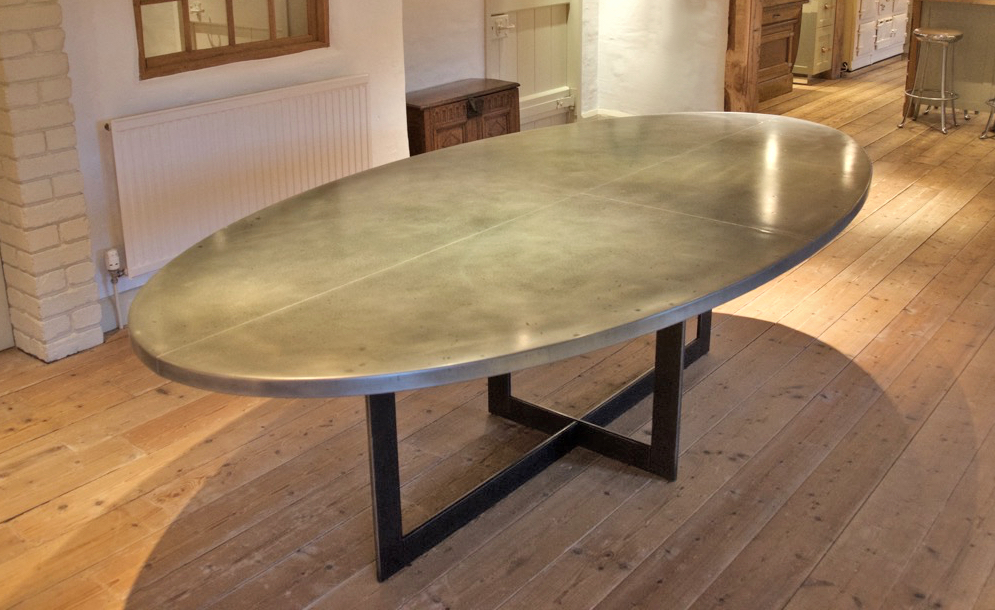 Hand Made Oval Zinc Top Dining Table, Zinc Dining Table Uk