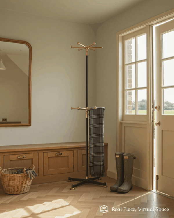 A bright entryway features a wooden bench, a Two Tier Coat Rack with a plaid scarf, a basket, rubber boots near the door, and sunlight streaming through glass-paneled doors.