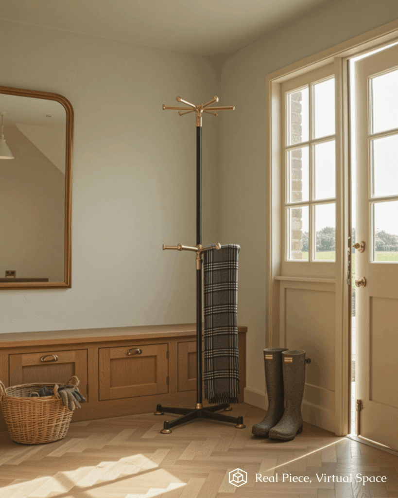 A bright entryway features a wooden bench, a Two Tier Coat Rack with a plaid scarf, a basket, rubber boots near the door, and sunlight streaming through glass-paneled doors.