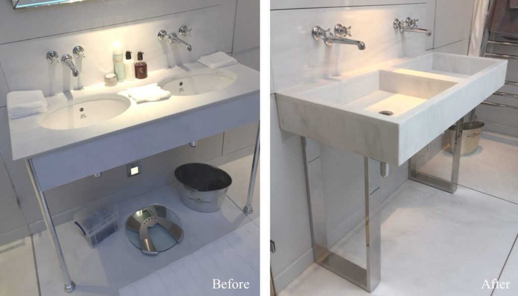 Side-by-side comparison of a bathroom sink before and after renovation. Left: Double sink with rounded basins. Right: Modern bespoke bathroom washstand with cleaner lines, rectangular basin, and minimal accessories.
