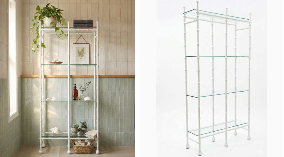Side-by-side images of a tall, white metal shelving unit with four glass shelves evoke the elegance of solid brass étagères. One photo shows it styled in a bathroom with plants and toiletries, the other features the empty shelf against a white backdrop.