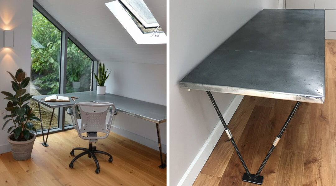A modern home office with an Industrial Style Desk supported by steel rods, a gray chair, two potted plants, wooden floor, large window, and skylight; a close-up highlights the desk’s metal construction and unique supports.