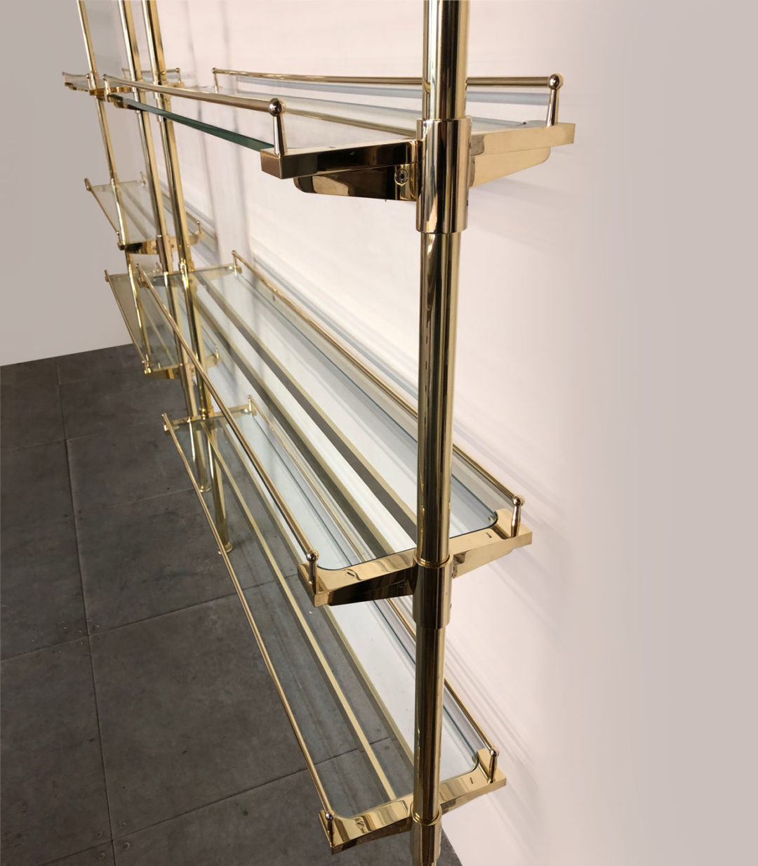 Brass and Glass Bar Shelving Display Bottle and Glassware Shelving