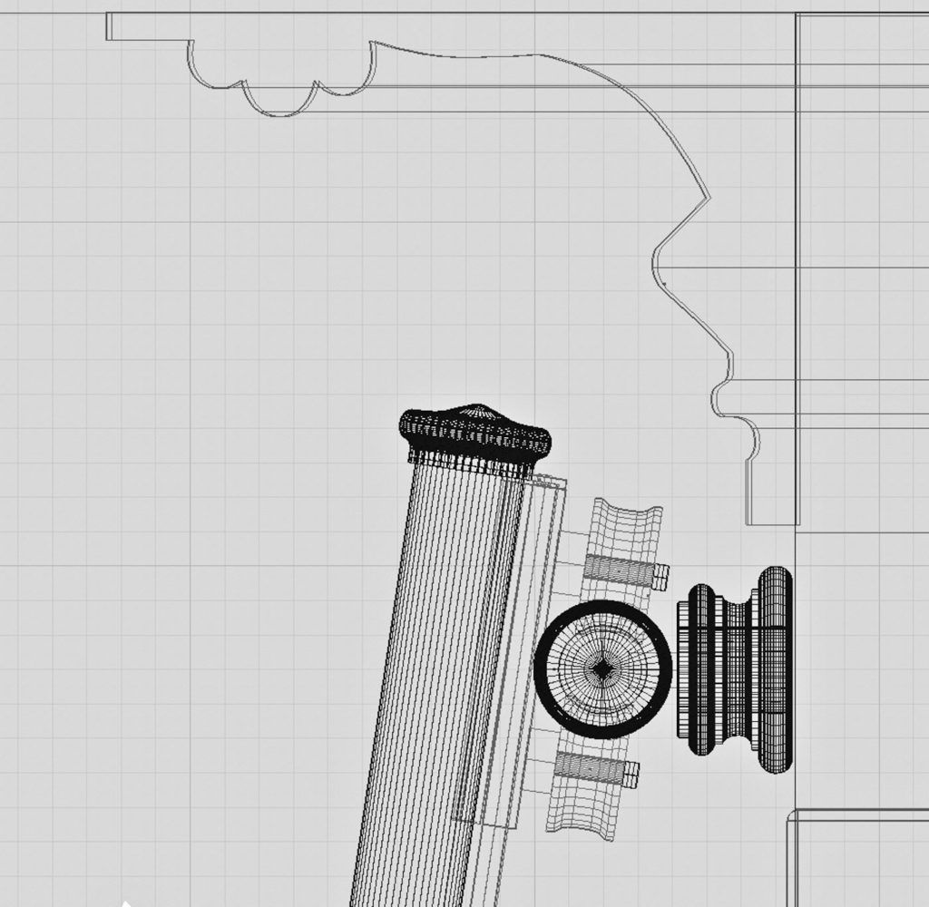 A technical line drawing of mechanical components, including a large cylinder, gears, and a bracket, on a grid background. The image appears to be a schematic or blueprint, showing detailed design elements and dimensions.
