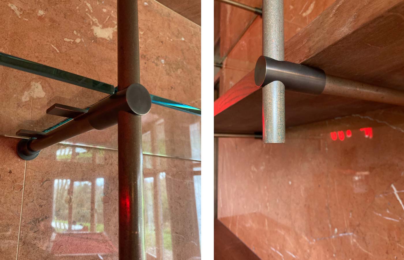 Hand-made-wall-mounted-shelving-unit-made-from-patinated-copper-and-bronze-with-glass-and-timber-shelves-by-Andrew-Nebbett-Designs