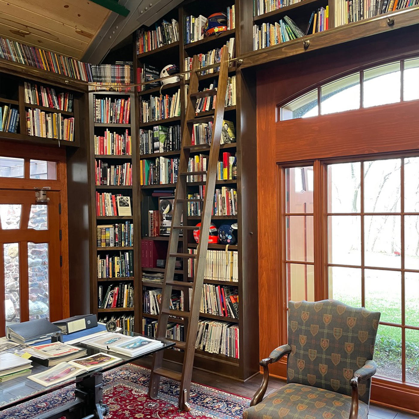 Walnut and Brass Corner Rolling Ladder System