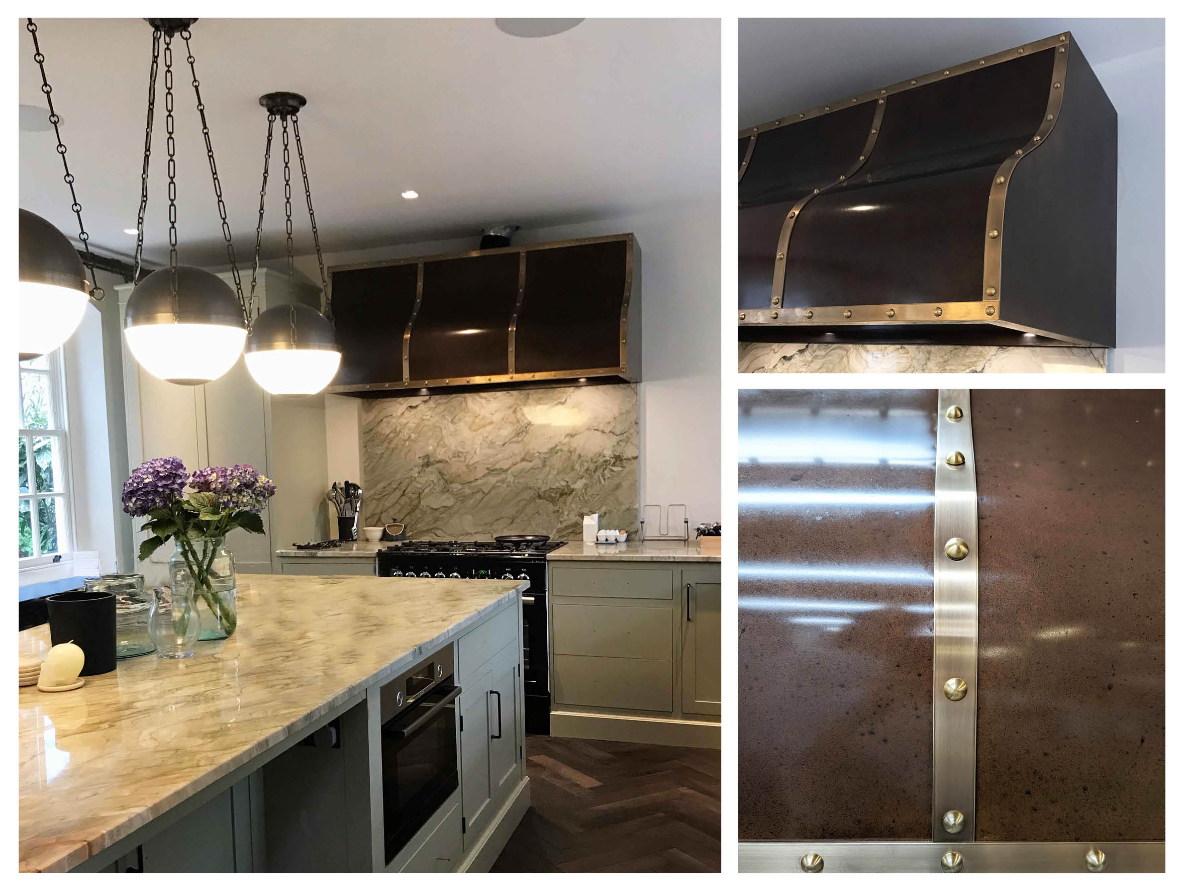 Custom-made hand patinated copper cooker hood by Andrew Nebbett Designs