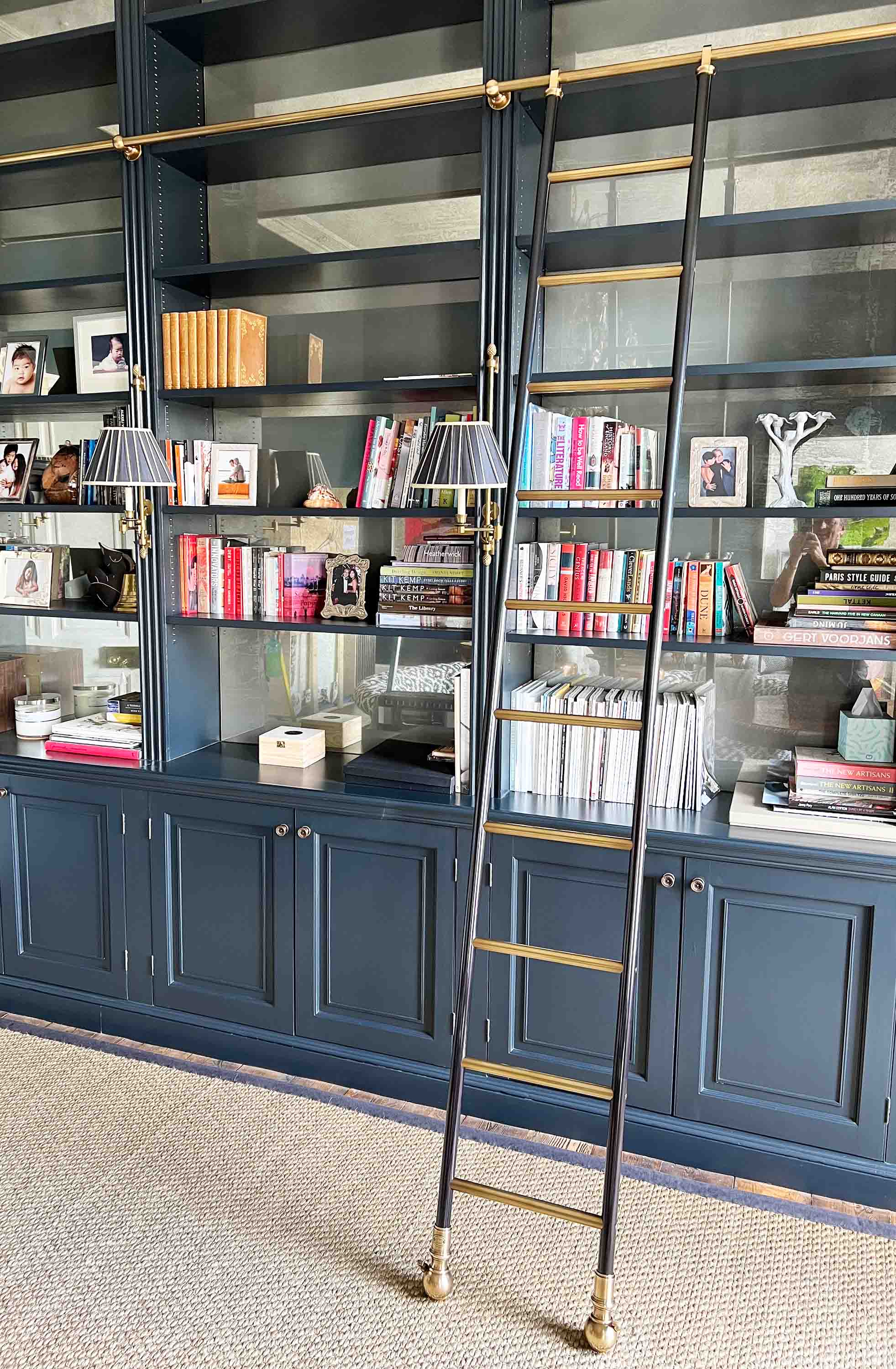 Bespoke Patinated Brass Bookcase Library Ladder and Rails Andrew