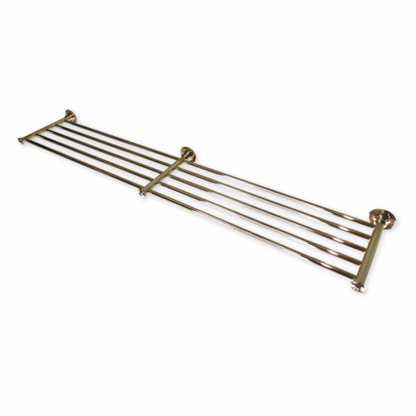 Bespoke-made wall-mounted polished brass shoe rack 2m