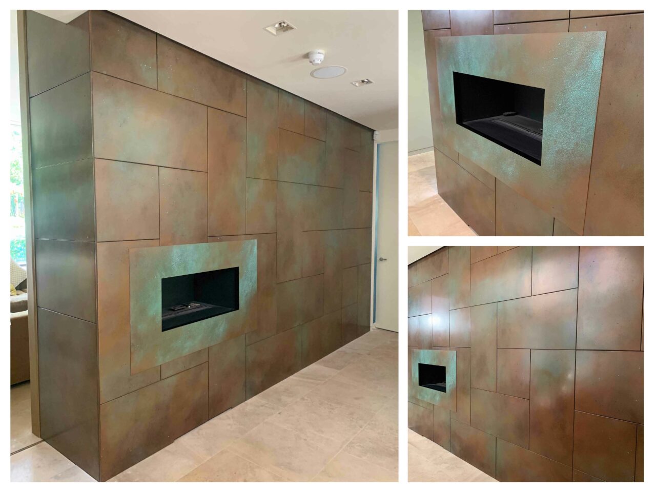 Patinated Copper Fire Surround and Decorative Wall Panelling