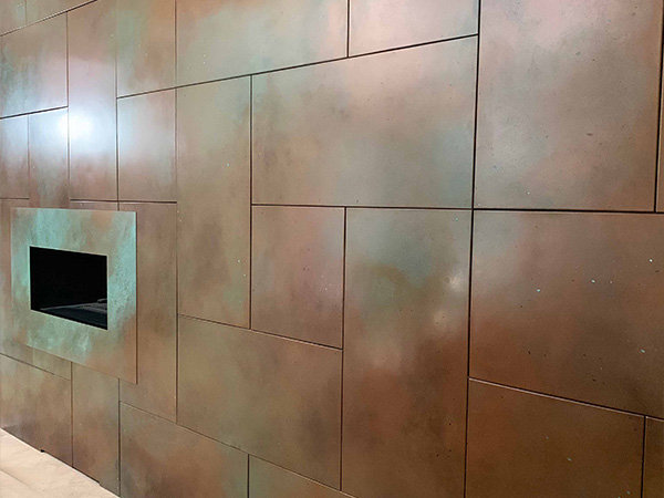 Patinated Copper Fire Surround and Decorative Wall Panelling