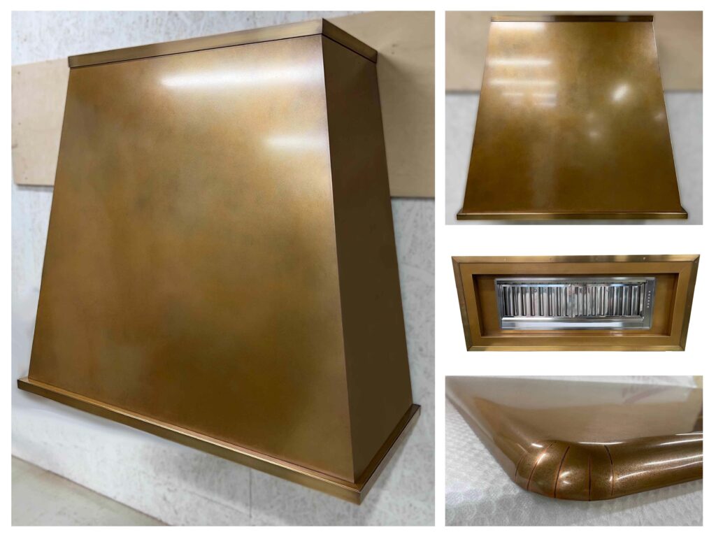 Collage of a custom-made aged copper cooker hood featuring different angles. The main image shows a frontal view with a matte finish, while additional images highlight the bottom edge with vents, a side view, and a close-up of corner detail.
