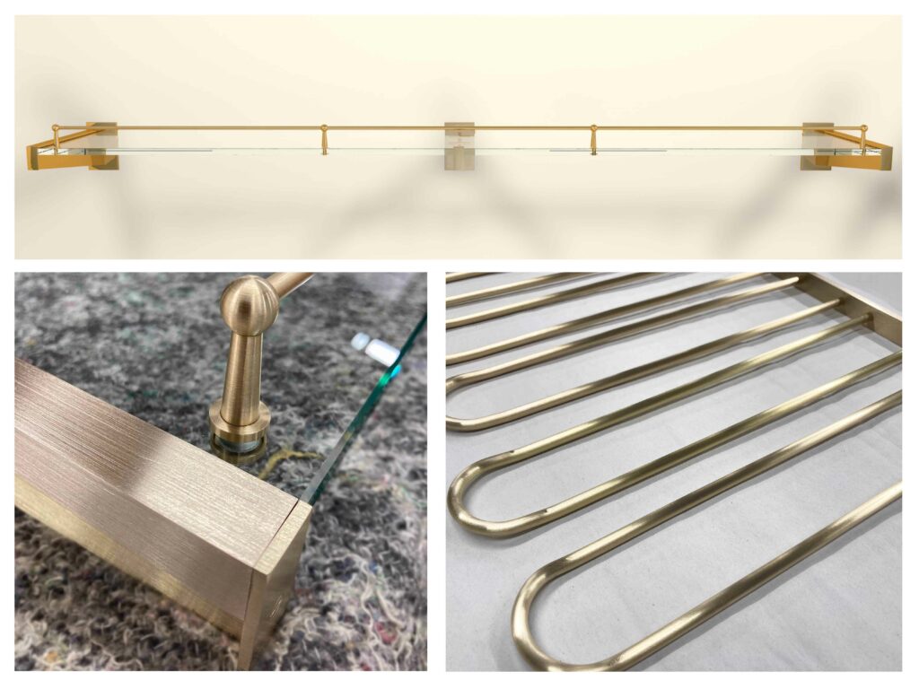 Collage of images featuring a brass back bar shelving. The top image displays the full shelf, while the bottom left offers a close-up of the corner with a support post, and bottom right highlights a row of brass stemware holders.