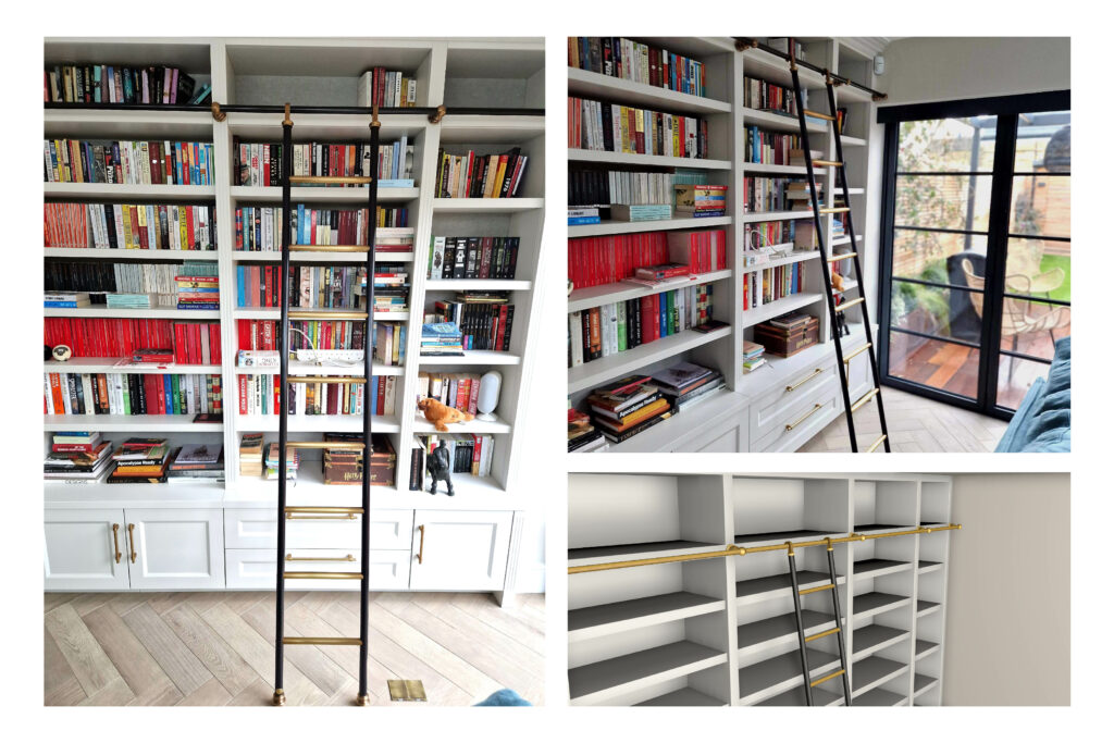 A white bookshelf with multiple compartments is filled with books, featuring a bespoke hand-made hook-on library ladder with brass accents. Large glass doors offer a view outside, while close-up images showcase empty shelves and the intricate details of the ladder.