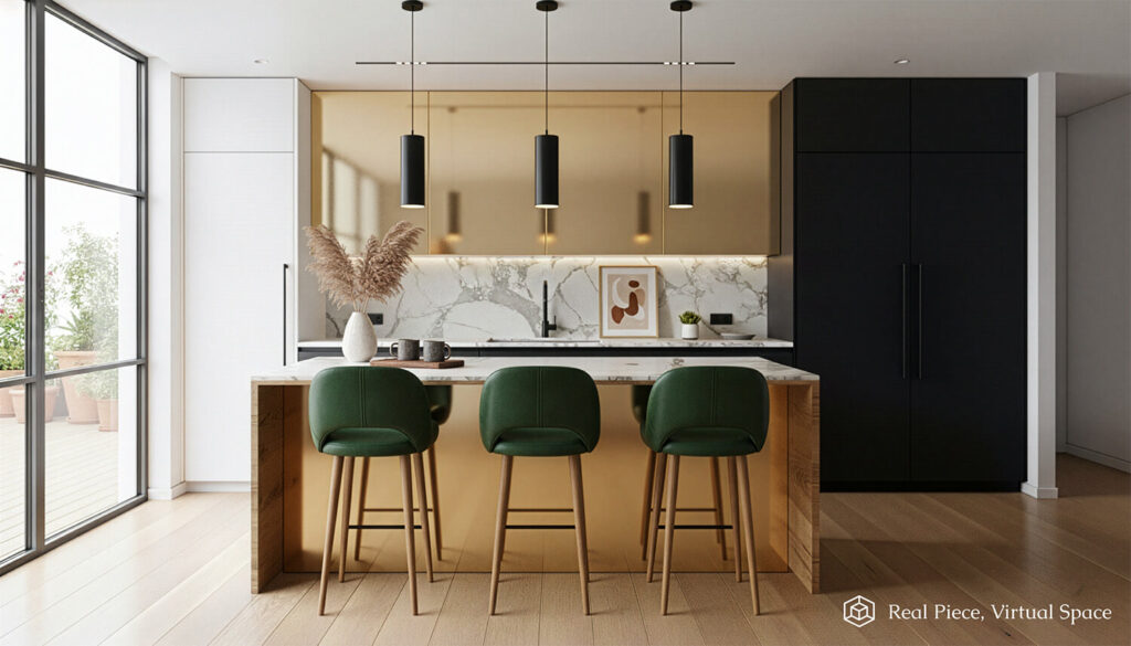 Modern kitchen with custom-made polished brass kitchen cupboards, a brass backsplash, marble countertop, three green bar stools, black pendant lights, minimalist decor, and large windows that let in natural light.