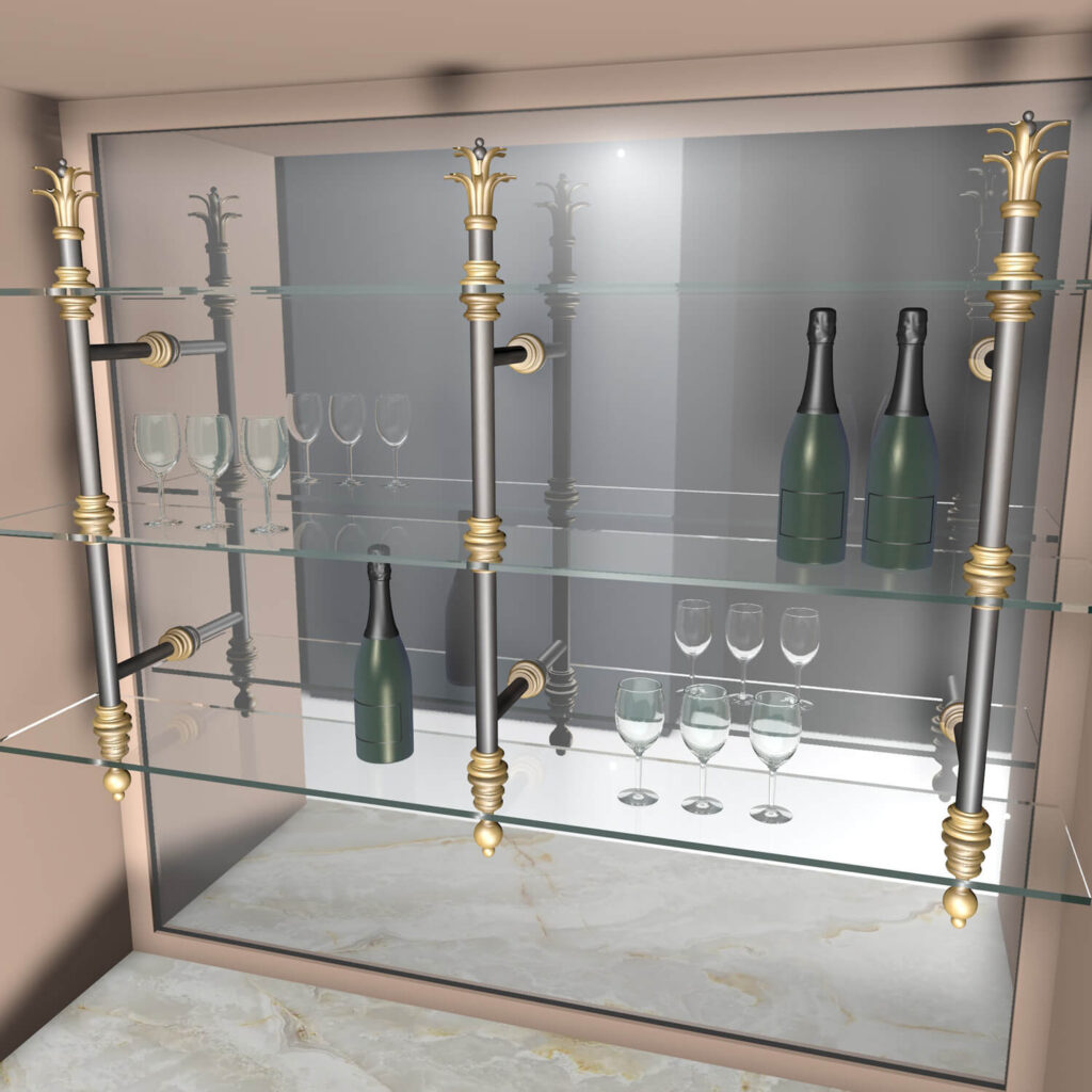 A glass bar shelving with three shelves, holding wine and champagne glasses and three bottles, supported by ornate gold and black metal brackets, set against a marble surface and mirrored back.