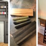 A collage with three images: a tall bookcase ladder against a built-in bookshelf, metal hardware and wooden planks on a work surface, and a dark wood ladder attached to a rail in a bright room with wooden floors.