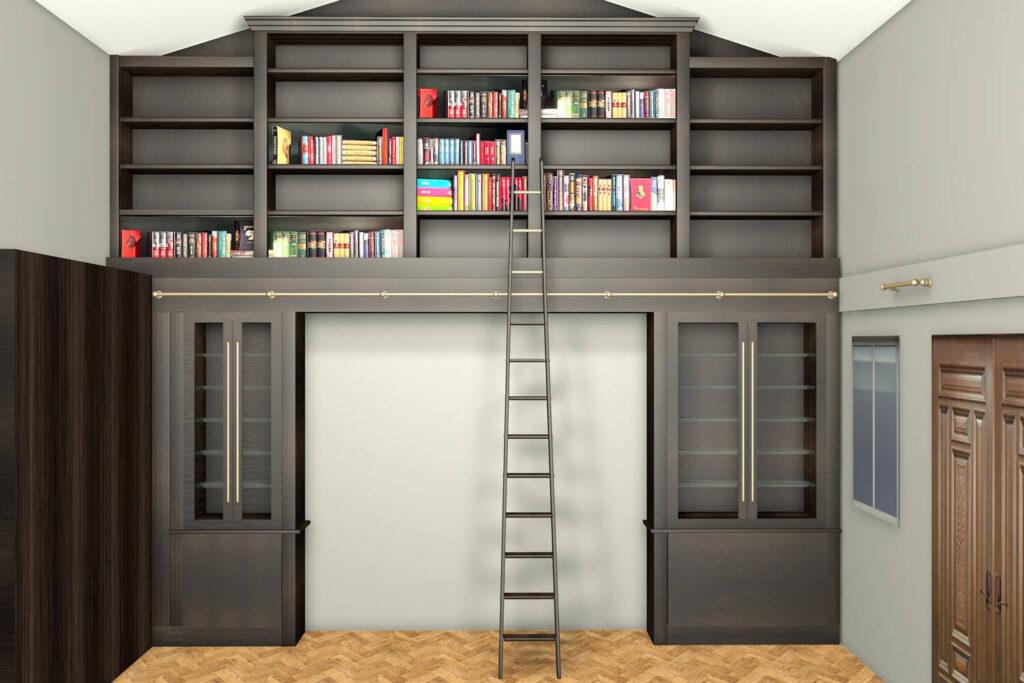 A large, dark wood built-in bookshelf extends to the ceiling, filled with colorful books. A rolling bookcase ladder is attached for access. The floor is herringbone wood, and there are glass-fronted cabinets below the shelves.