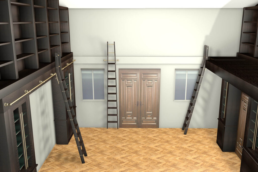 A spacious room with wooden double doors, two windows, dark wood bookshelves, and two rolling bookcase ladders on rails along the upper shelves. The floor is light wood arranged in a herringbone pattern.