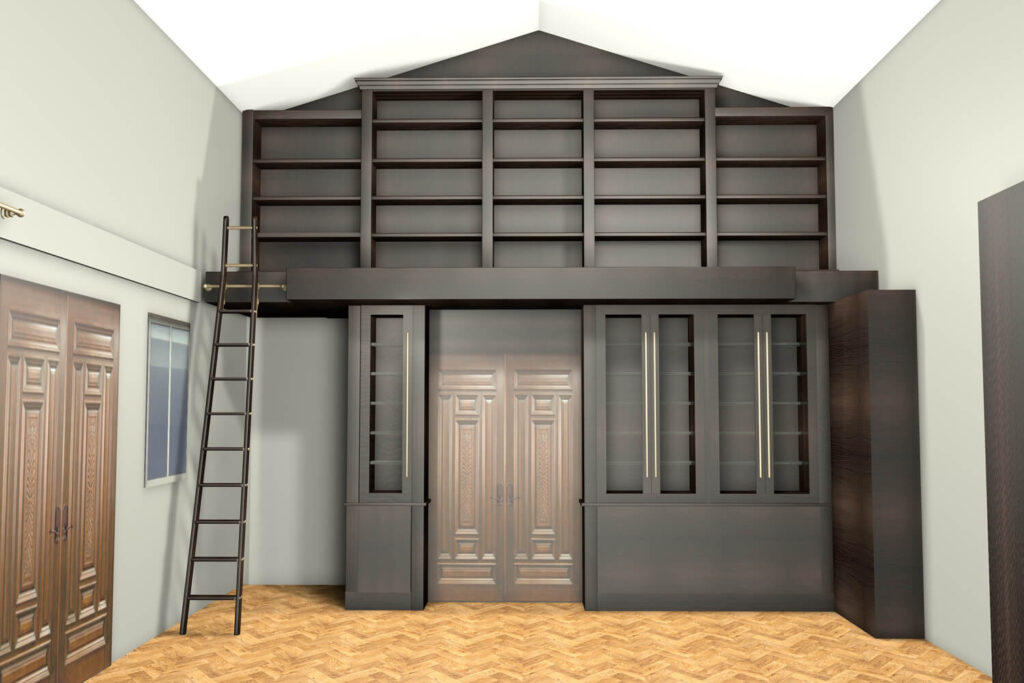 A room with high ceilings features a large, dark wood built-in bookshelf and cabinets, a wooden ladder for access, parquet flooring, and ornate double wooden doors below the bookshelf.