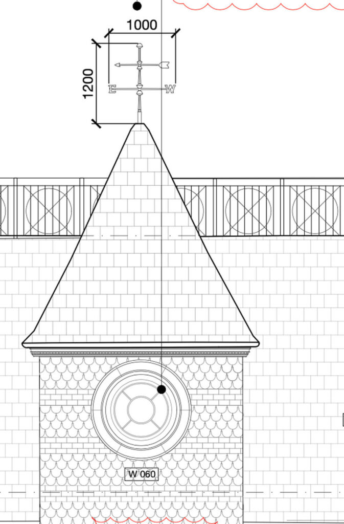 Architectural drawing of a tower with a conical roof, circular window, and weather vane on top. Measurements show the vane is 1200 units high and 1000 units wide. Fence and roof tiles are also visible.