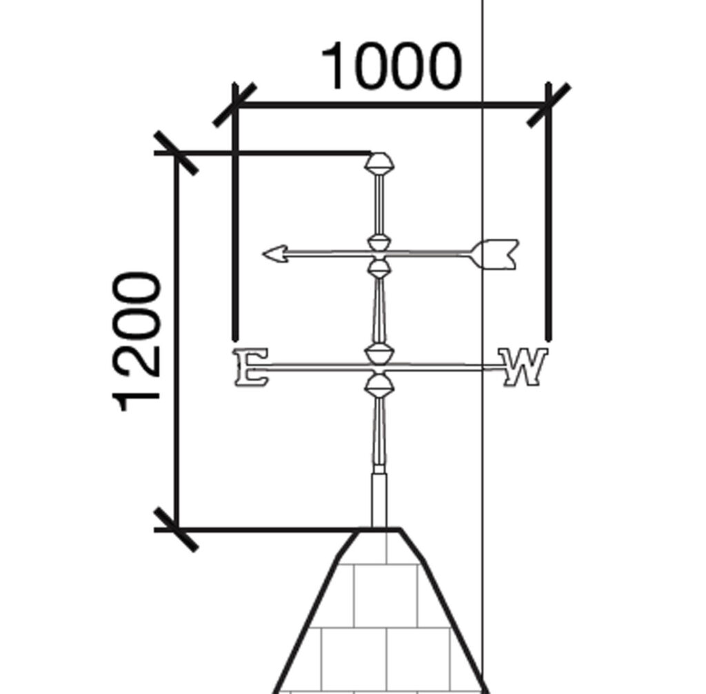 Line drawing of a weather vane with east and west directions labeled, mounted on a roof. Vertical dimension is 1200 units, horizontal is 1000 units.
