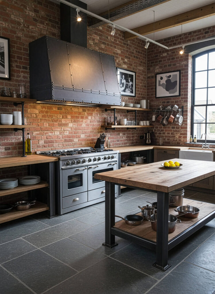 Industrial-style kitchen with exposed brick walls, black metal range hood, open wooden shelves, a large stove, and a wooden island with lemons on top. Black-framed window lets in natural light.