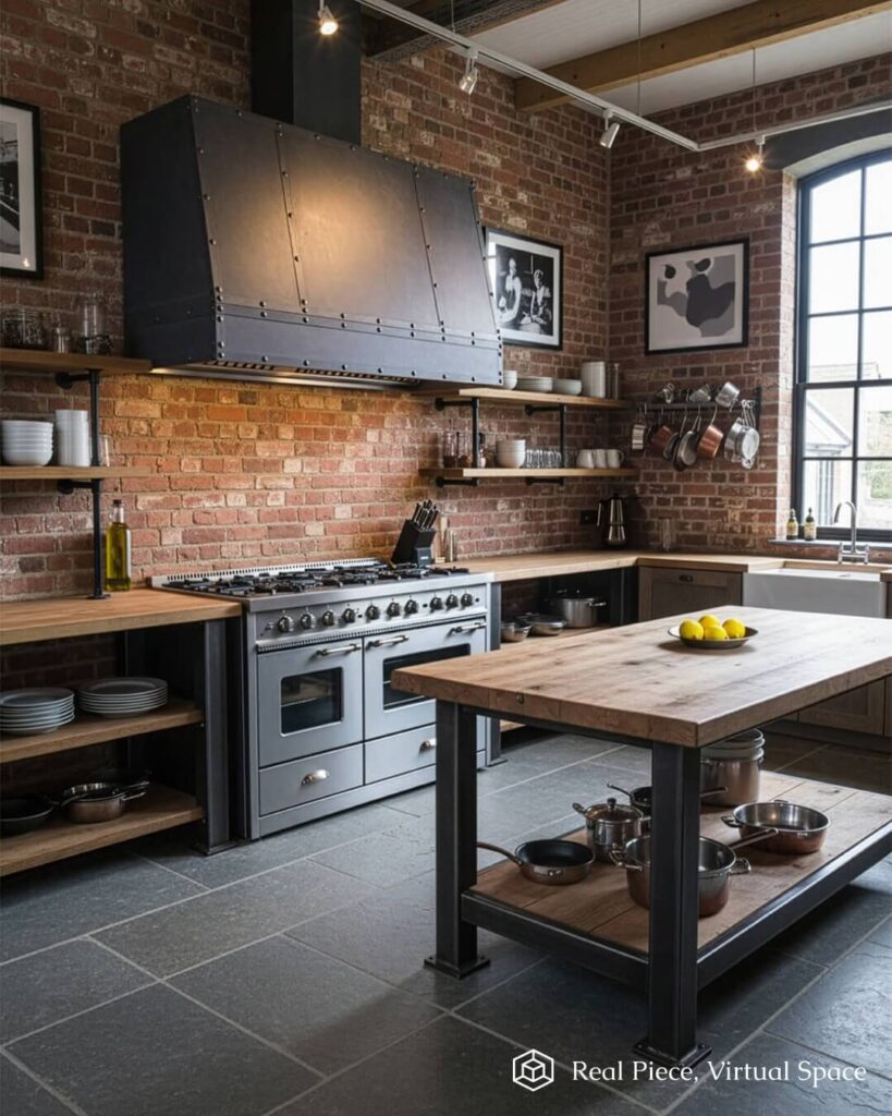 Industrial-style kitchen with exposed brick walls, large zinc range hood, stainless steel stove, wooden countertops, open shelves with dishes, hanging pots, framed art, and a wooden island with lemons and cookware.