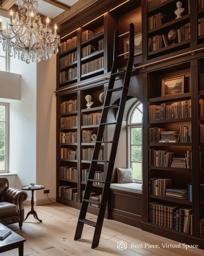 A luxurious home library with tall dark wood bookshelves, a rolling ladder, leather armchair, large window, chandelier, and hardwood floor. Decorative items and books fill the shelves.