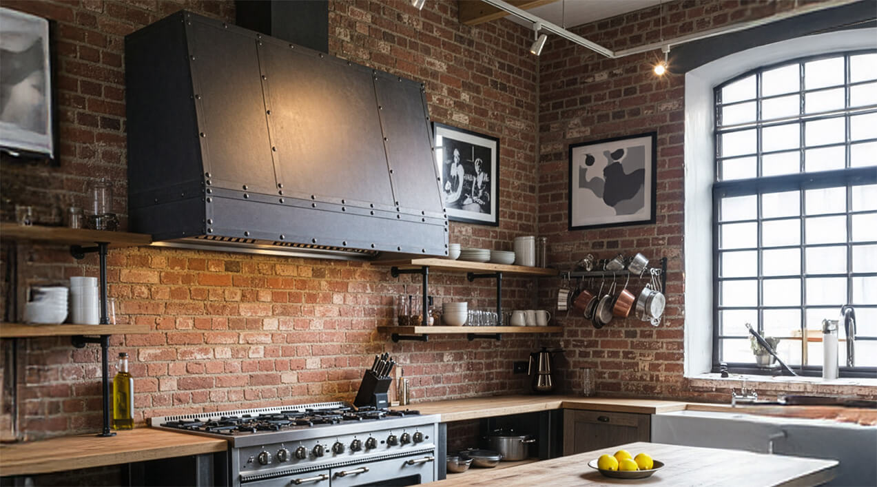 Industrial-style kitchen with exposed brick walls, open shelves, a bespoke cooker hood above the modern stove, artwork on the walls, a large window, and a bowl of lemons on the wooden island.