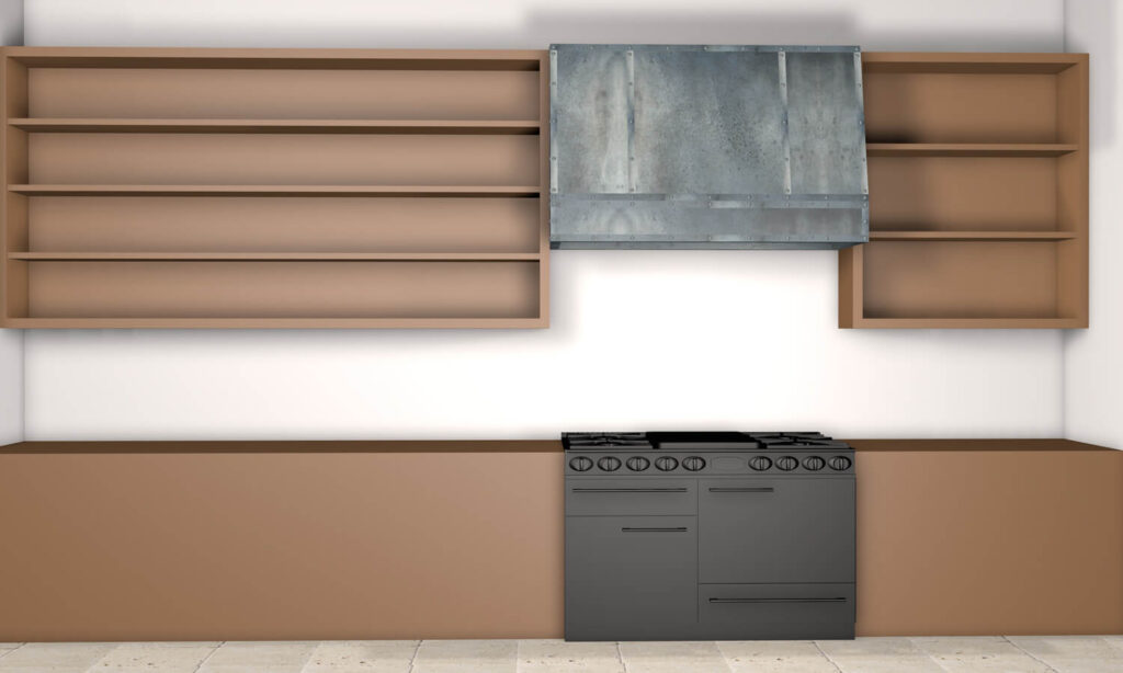 Modern kitchen with brown open shelves, brown lower cabinets, a black stove and oven, and a zinc range hood, all against a white wall and tiled floor.