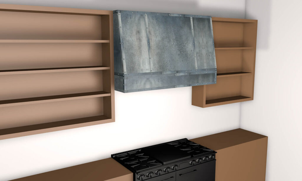 A modern kitchen with brown open shelves, a large zinc range hood, a black stove, and brown cabinets against a white wall.