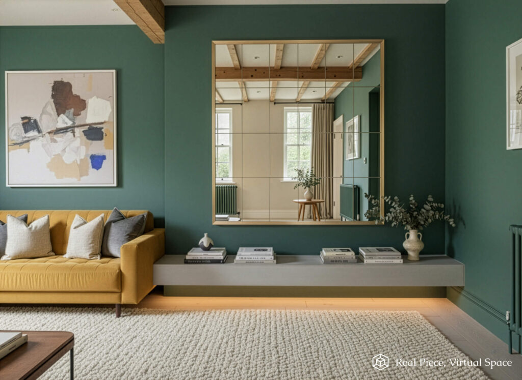 A modern living room with green walls, a large brushed brass mirror, a yellow sofa, abstract wall art, beige rug, and a floating shelf holding books and a vase with greenery. Natural light streams in through the windows.