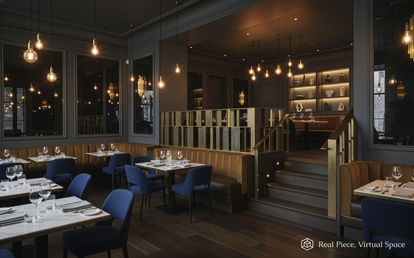 Elegant restaurant interior with modern décor, featuring blue chairs, brown leather booths, neatly set tables, pendant lights, and a softly lit raised dining area with a brushed brass balustrade.