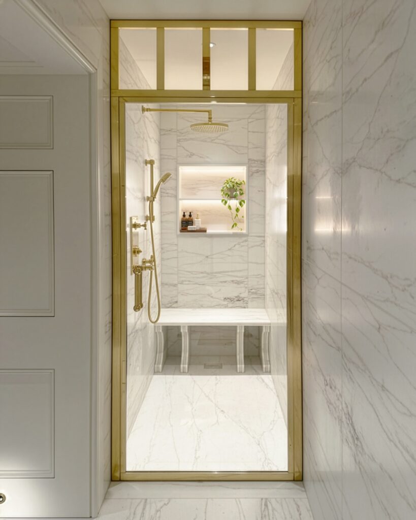 A luxurious shower with brass trim, white marble walls and floor, a rainfall showerhead, and a built-in bench. A niche shelf with bath items and a potted plant is visible at the back.