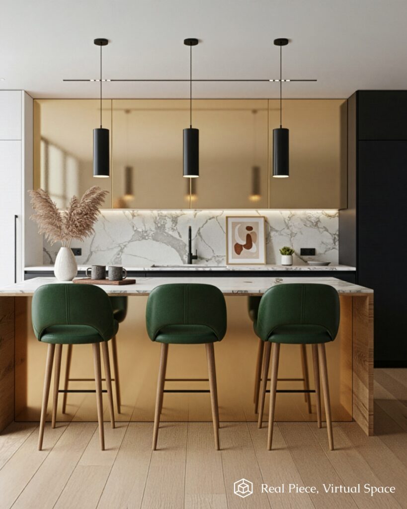 A modern kitchen with a marble backsplash, brass accents, three green barstools at an island, pendant lights above, and decorative items including a vase with pampas grass and framed artwork on the counter.