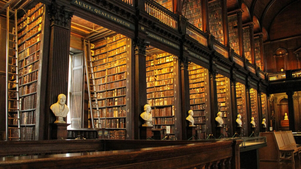Rows of tall wooden bookcases filled with books in a grand library hall, with white marble busts lining the rail and bookcase ladders propped against the shelves, beneath a high arched ceiling.