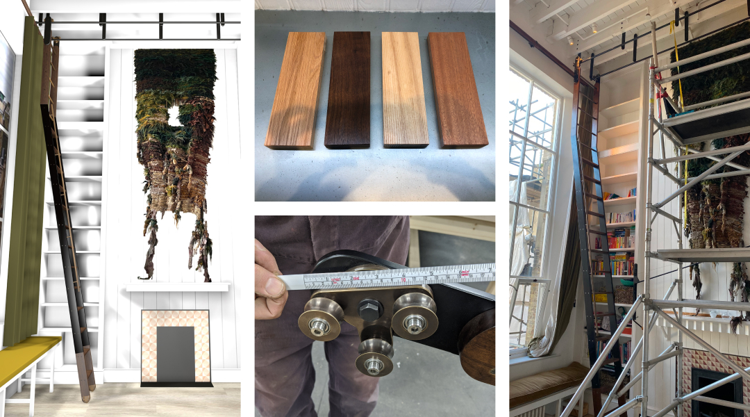 A collage shows a tall ladder in a modern room, four colour samples of wood planks, a close-up of metal fittings with a measuring tape, a bookcase with a ladder and scaffolding, and hanging green and brown art above a fireplace.