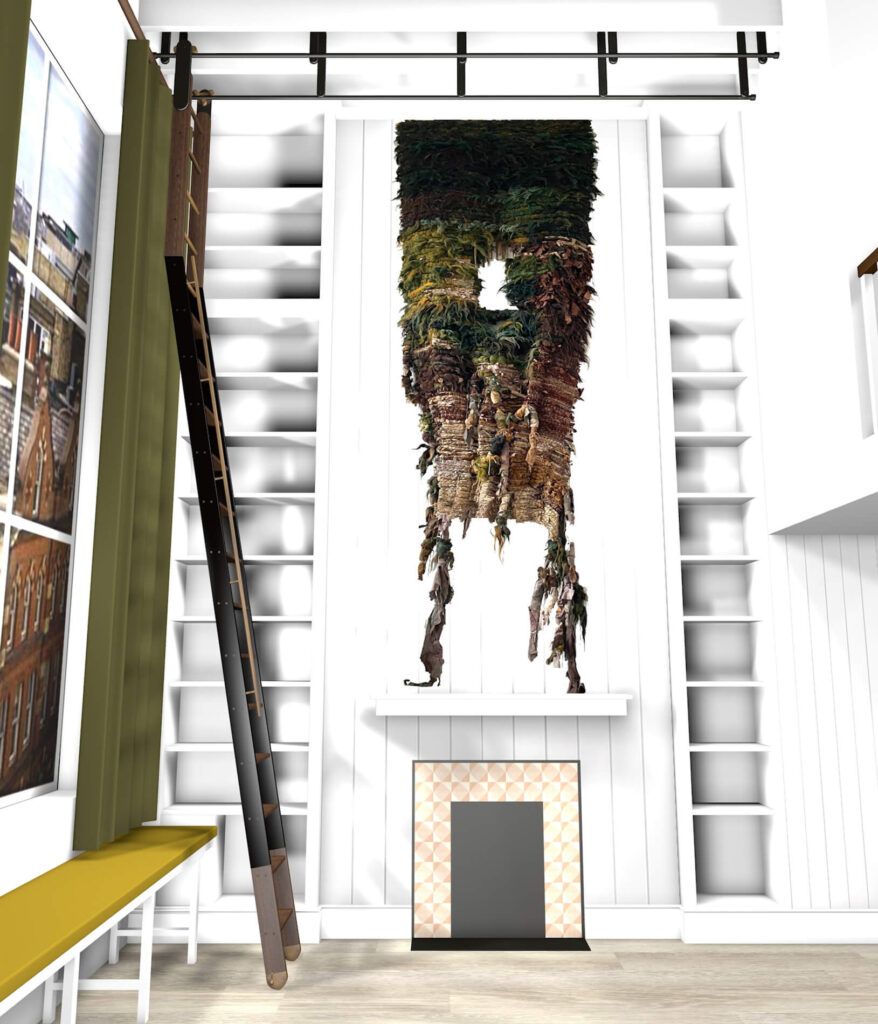 A tall, modern room with white fitted shelves, a rolling ladder, yellow bench seating, and a large textured wall hanging above a decorative fireplace. A large window is on the left wall.