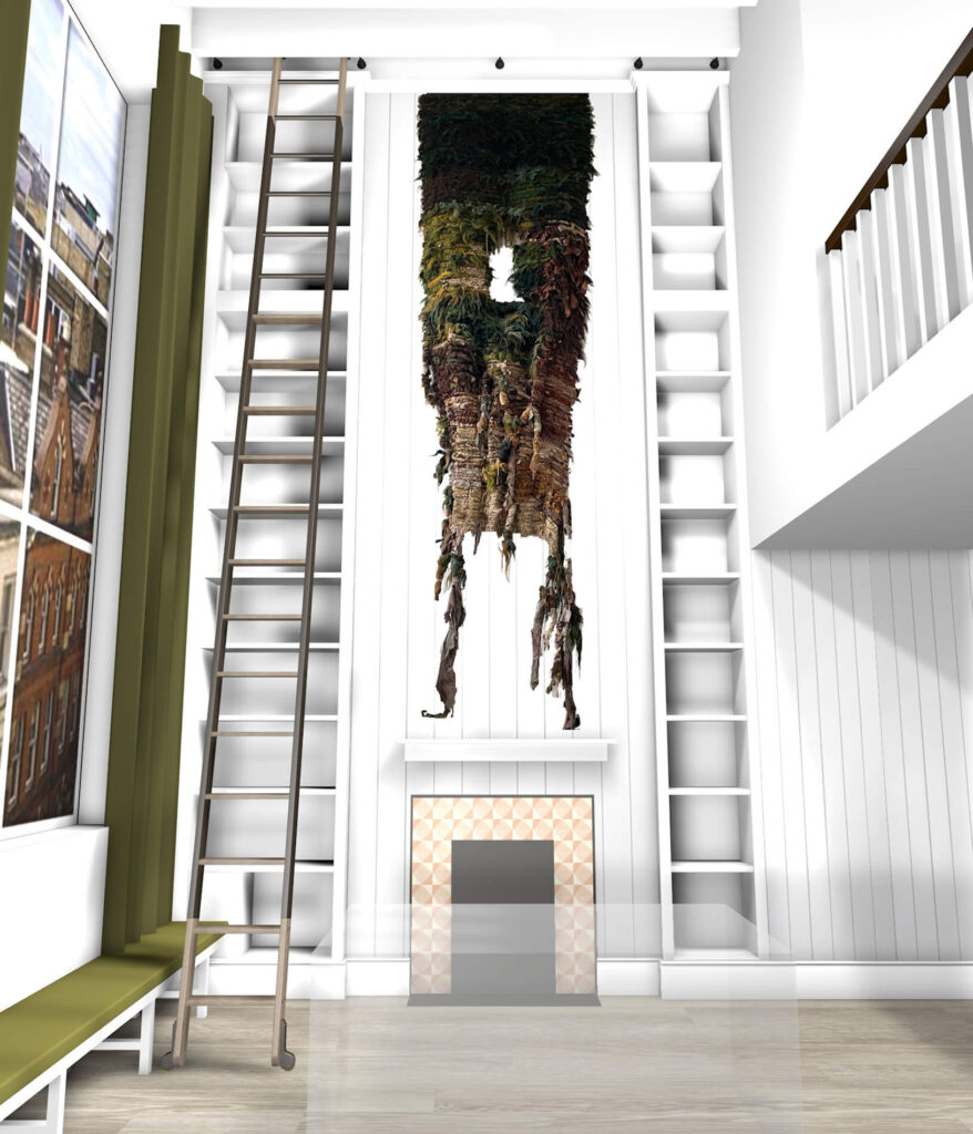 A tall, modern room with white walls and built-in shelves features a large, abstract woven tapestry above a small fireplace. A wooden ladder leans against the shelves, and a green bench sits by large windows.