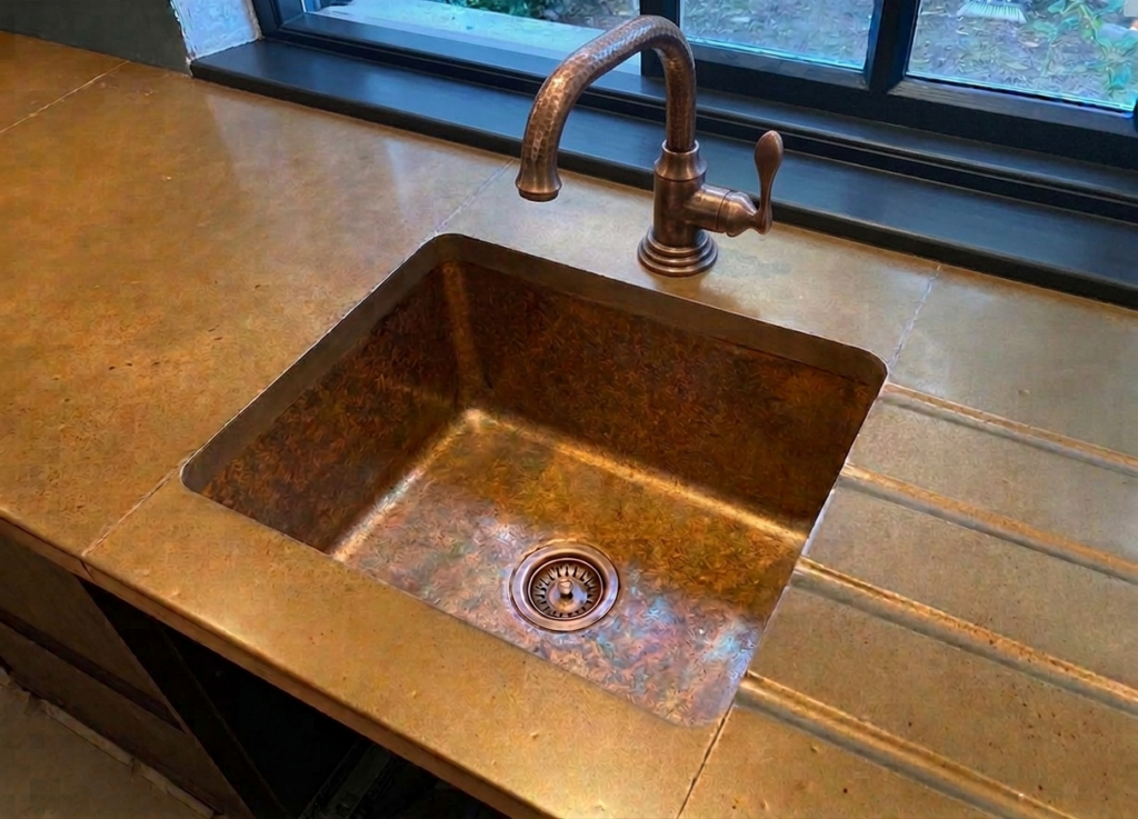 A copper sink with a matching tap is set into a copper worktop, featuring grooves on the right for drainage, beneath a window with a garden view.