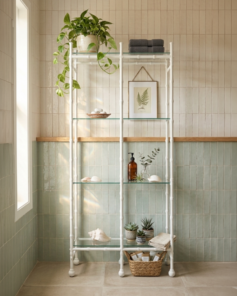 A white metal shelving unit with glass shelves holds a potted plant, seashells, towels, books, a framed print, and toiletries. A wicker basket with rolled towels sits on the floor below, against tiled bathroom walls.