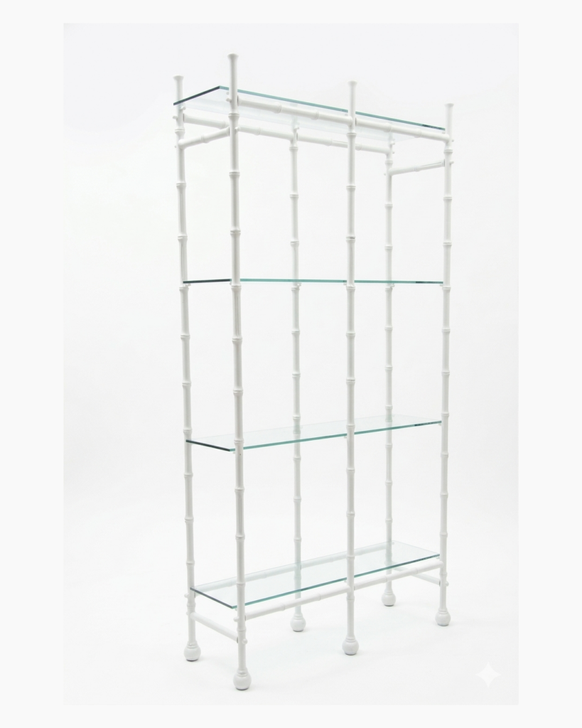 A tall shelving unit with a white metal frame designed to resemble bamboo stalks, featuring four clear glass shelves evenly spaced across three columns. The unit has a minimalist and modern appearance.
