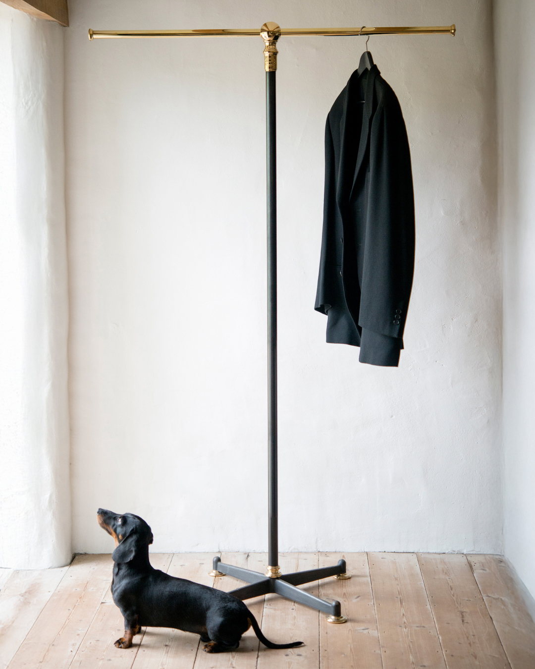 A black suit jacket hangs on bespoke clothes rail in a bright room with wooden floors. A small black dachshund sits on the floor, looking up towards the coat rack.