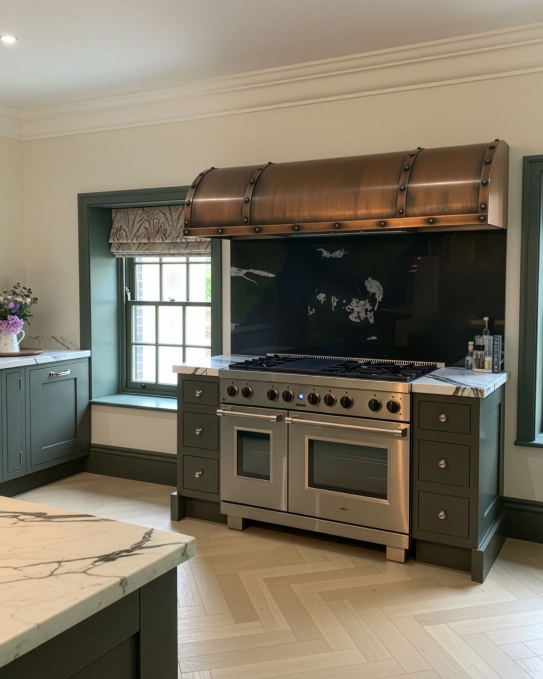 A modern kitchen features a large stainless steel cooker with dual ovens, a stylish copper extractor hood, olive green cupboards, a marble worktop, herringbone wood flooring, and a window with a patterned Roman blind.