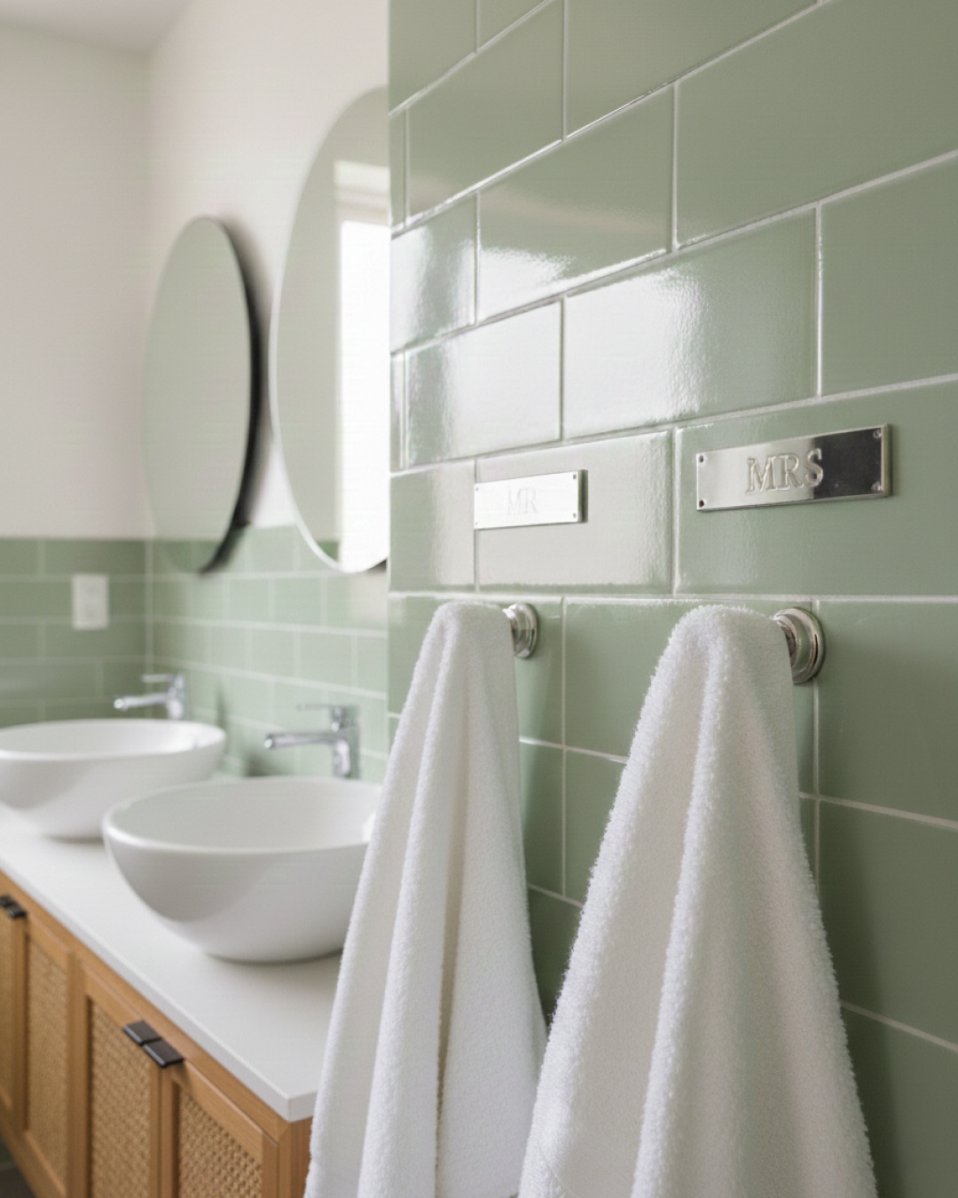 A modern bathroom with green metro tiles, two round mirrors, vessel basins, and bespoke metal signs labelled MR. and MRS. as towel rails, each holding a white towel. Light wood cabinets sit below the basins.