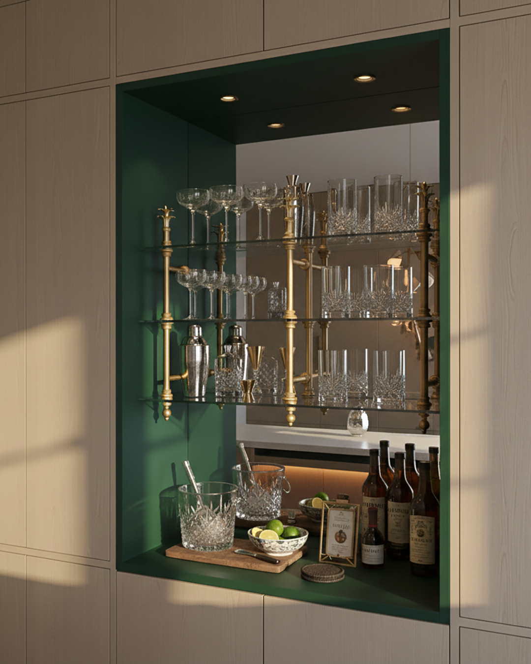 A built-in home bar with bespoke shelving displays glassware and bar tools, bottles of spirits, and a tray with a crystal ice bucket, tongs, a measure, and fresh limes on a wooden counter, all framed by green shelving.