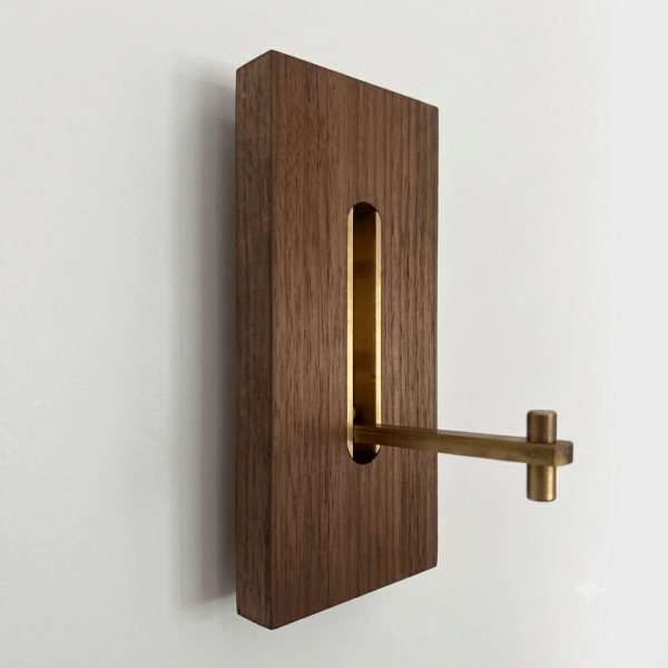 A modern wall-mounted recessed valet hook made in brass in the open position.
